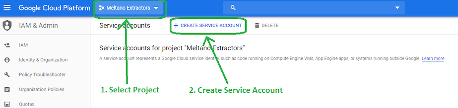 Screenshot of Google Service Accounts page