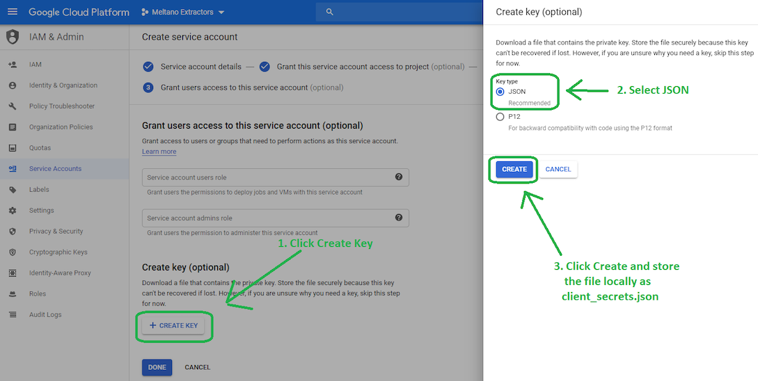 Screenshot of Google Service Account Configuration for new Account