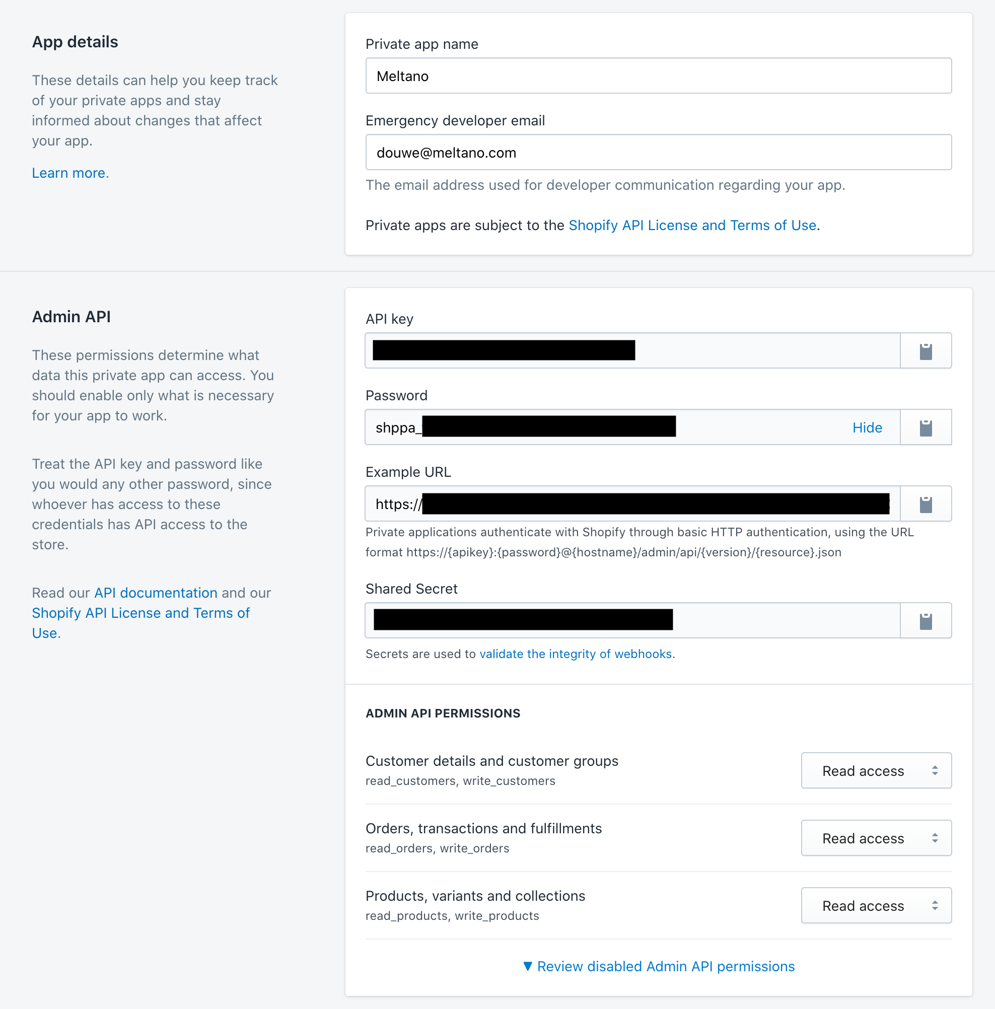 Screenshot of Shopify interface showing private app API password